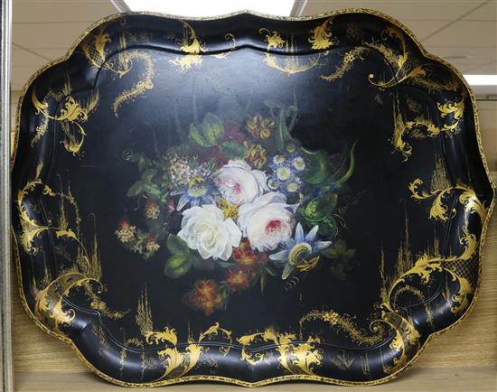A Victorian floral painted papier-mache tray H.60cm. W.80cm.